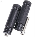 Pair of black emoto foot pegs with silver mounting hardware on a white background