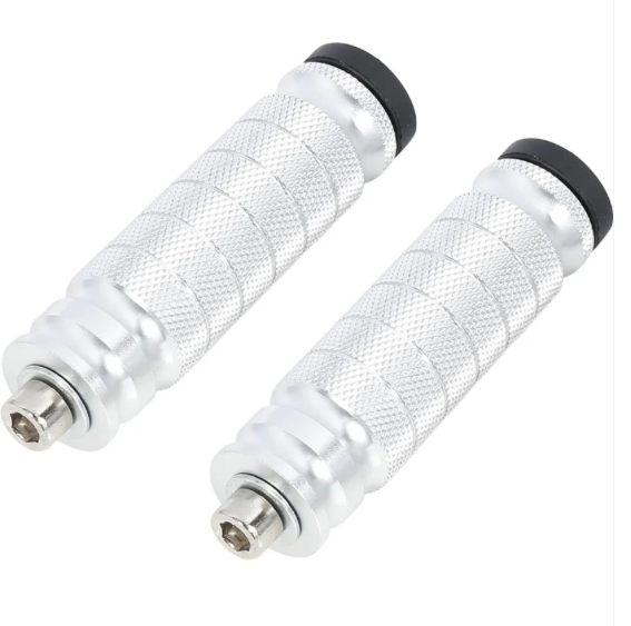 Pair of silver emoto shift locks with black ends on a white background