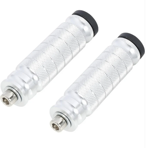 Pair of silver emoto shift locks with black ends on a white background